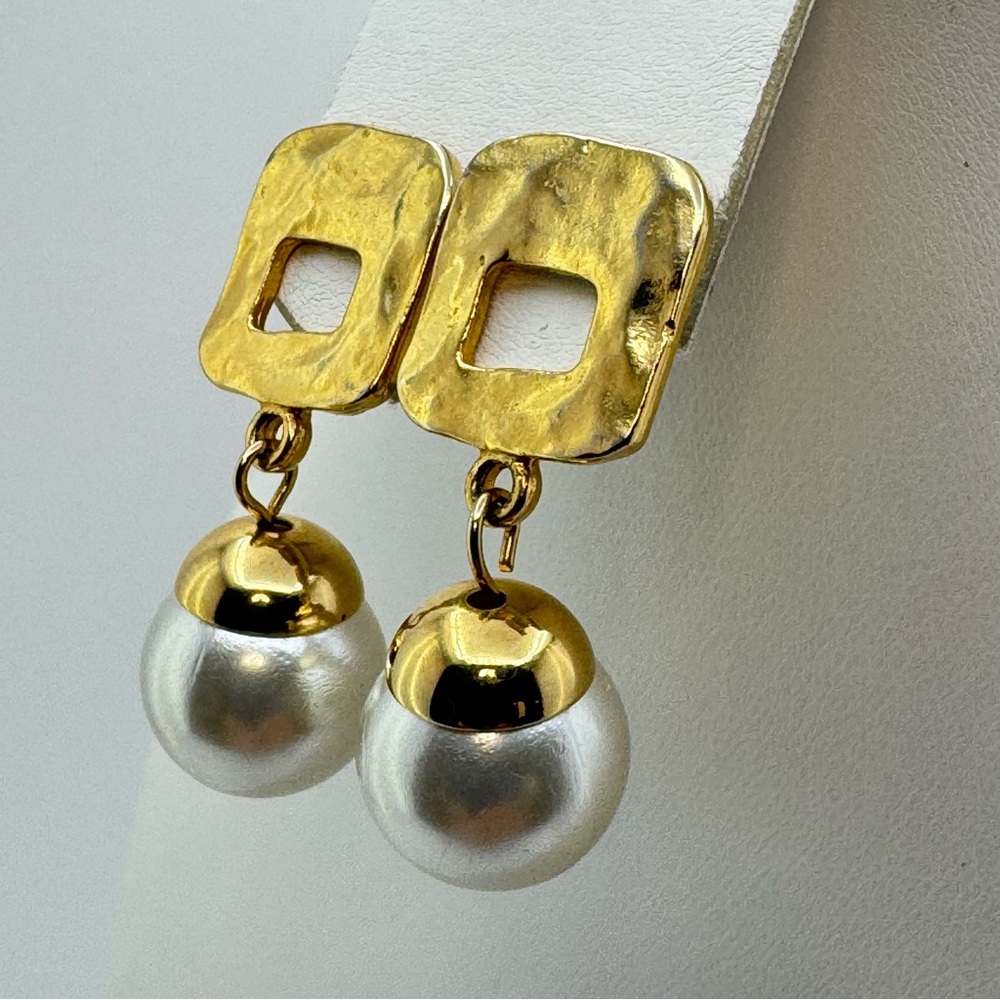 Vintage Gold Faux Pearl Drop Earrings Art Deco Geometric Statement Hi Fashion